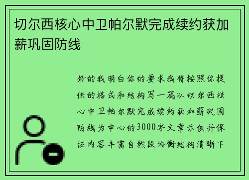 切尔西核心中卫帕尔默完成续约获加薪巩固防线
