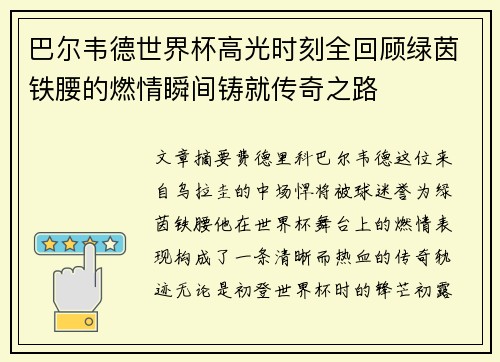 巴尔韦德世界杯高光时刻全回顾绿茵铁腰的燃情瞬间铸就传奇之路